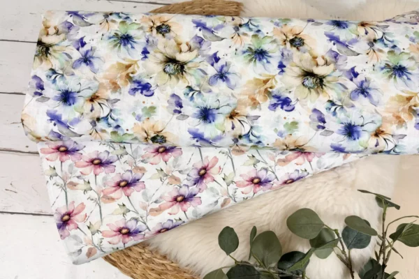 Leinen Viskose Stoff - aquarell Blumen Muster in ecru, royalblau, beige – Bild 3