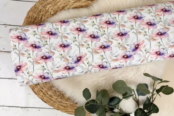 Leinen Viskose Stoff - aquarell Blumen Muster in ecru, lila, mauve – Bild 2