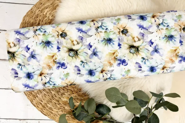 Leinen Viskose Stoff - aquarell Blumen Muster in ecru, royalblau, beige – Bild 2