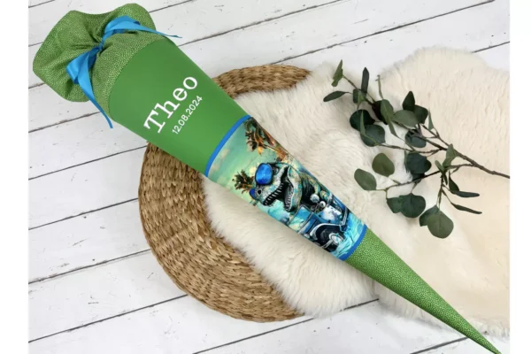 Schultüte Dinosaurier T-Rex mit Namen in jeansblau 70cm, 85cm - optional mit Kissen – Bild 4