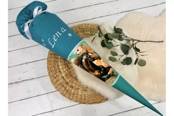 Schultüte mit Namen – Pferde in dunkelblau (70cm, 85cm) – Bild 4