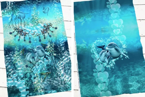 Panel Jersey Stoff mit Delfine Motiv in petrol