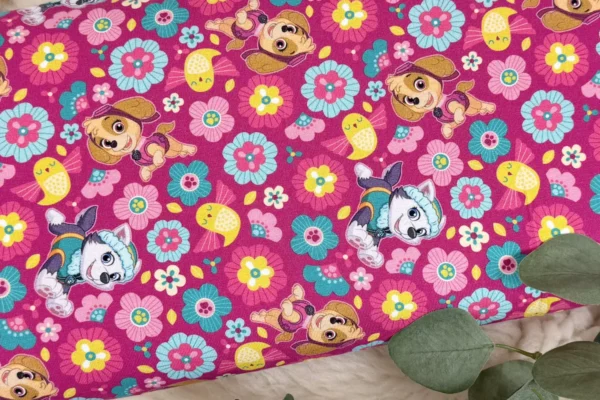 Baumwolljersey Stoff mit PAW PATROL Muster in pink