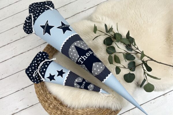 Schultüte aus Stoff mit Namen -  Stern hellblau, dunkelblau (70cm, 85cm, 35cm) - Zuckertüte personalisiert, optional mit Kissen